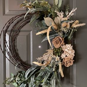 Wreath barbed wire, burlap flowers and eucalyptus